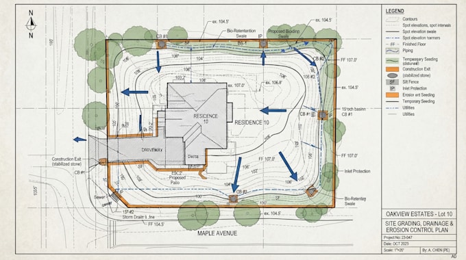 design site grading plan, site plan, drainage plan, erosion plan, stormwater