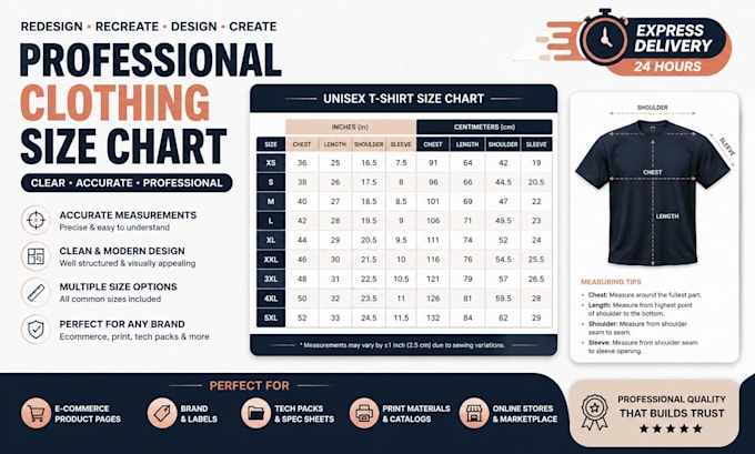 redesign recreate design and create a professional clothing size chart