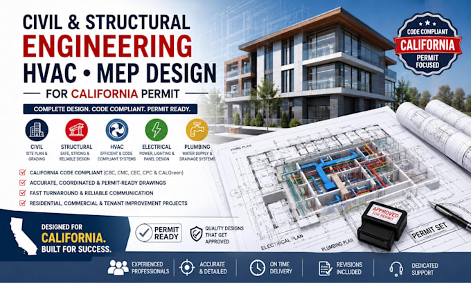 civil structural engineering hvac mep design for california permit