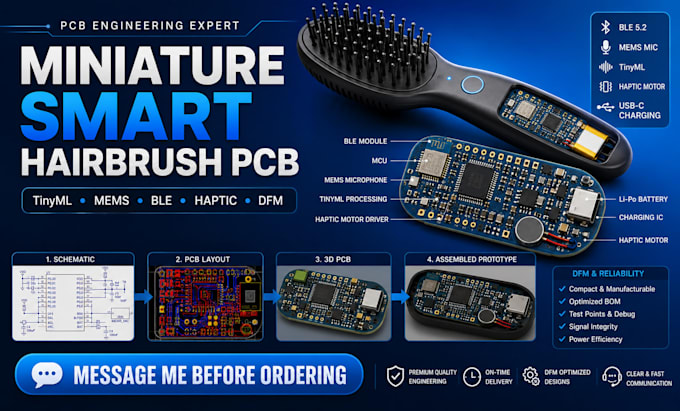 design miniature hairbrush pcb using tinyml, mems microphone, dfm, haptic, ble