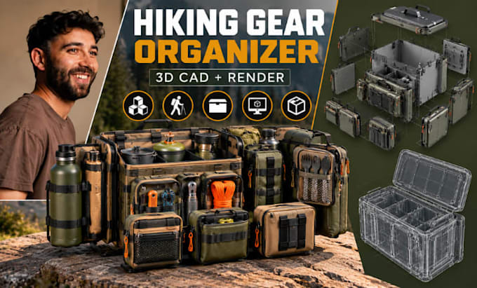 modular hiking gear organizer design, outdoor storage cad modeling, rendering