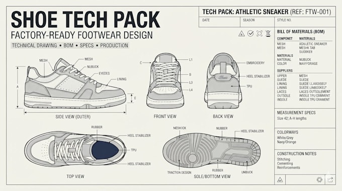 create shoe tech pack, footwear tech pack, sneaker design for manufacturing