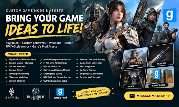 create edit follower mods, skyrim ae, custom weapon, armor ffxiv mod, garrys mod