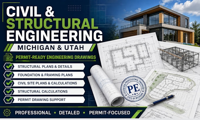 do civil and structural engineering drawings, pe engineer for michigan and utah