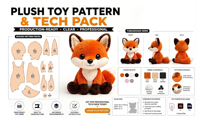 design custom plush toy sewing patterns and production tech packs