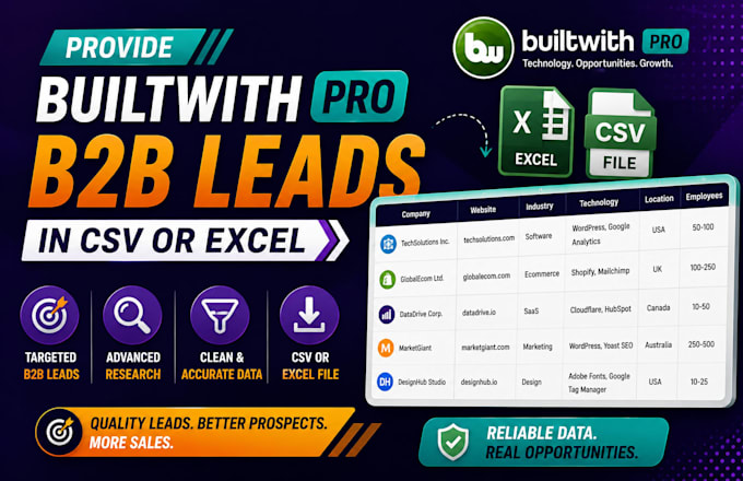 provide builtwith pro b2b leads in csv or excel