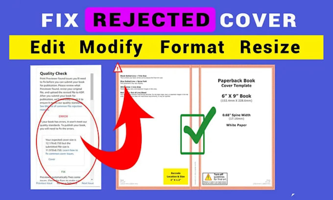 fix rejected KDP book cover, resize and format cover for amazon publishing