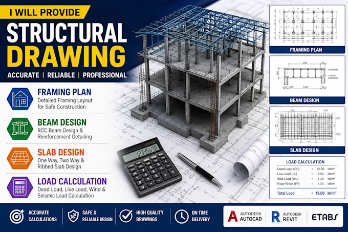 provide structural drawing, framing plan, beam, slab design and load calculation