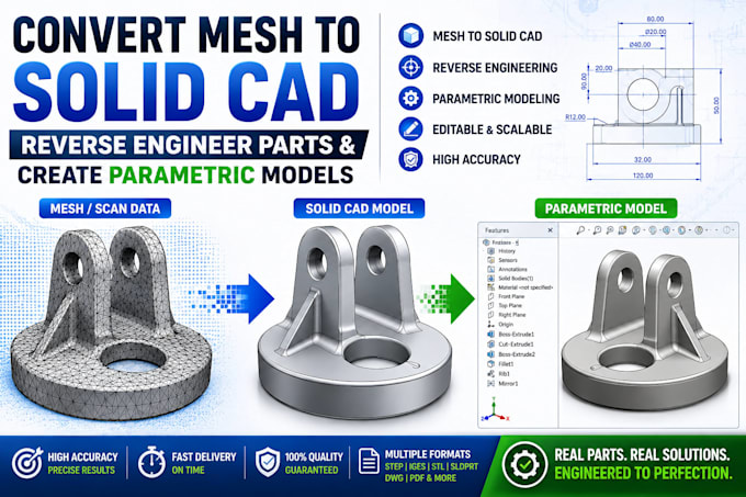 convert mesh to solid cad, reverse engineer parts and create parametric models