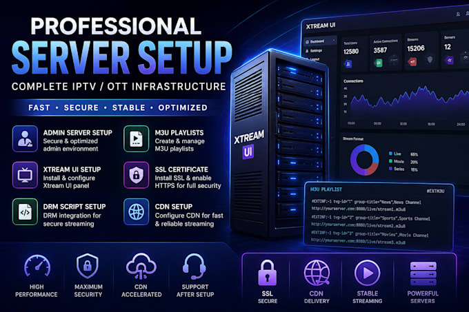 setup admin server, setup xtream ui server, drm script, m3u playlists, ssl, cdn