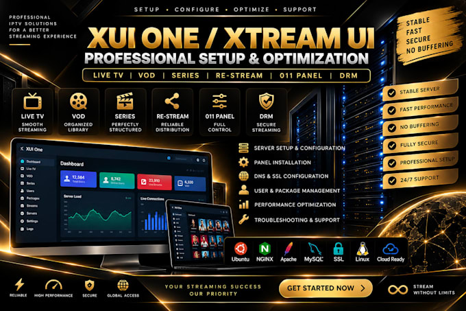 setup best xtream ui server, xui one, restream, stream vod, 011 panel, drm