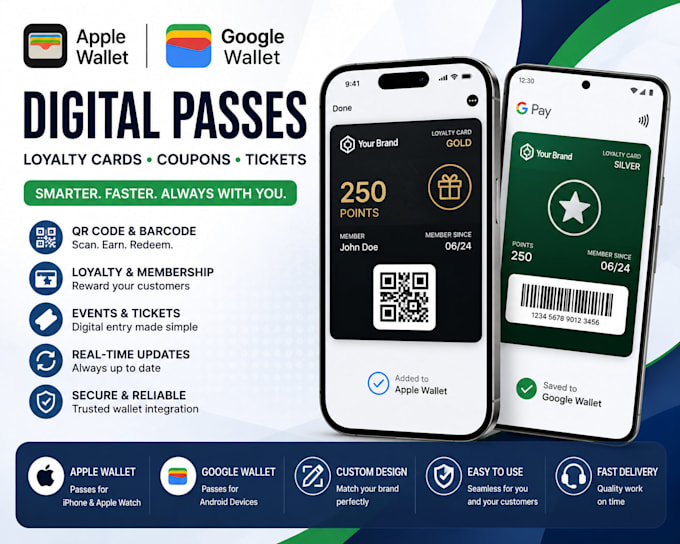 develop apple wallet and google wallet passes, loyalty cards and qr codes