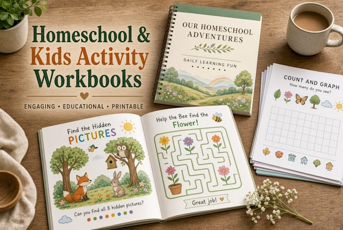 design homeschool workbook, kids activity workbook and educational printables