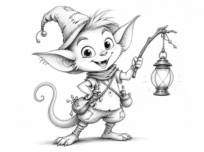 sketch, outline and color cartoon illustrations