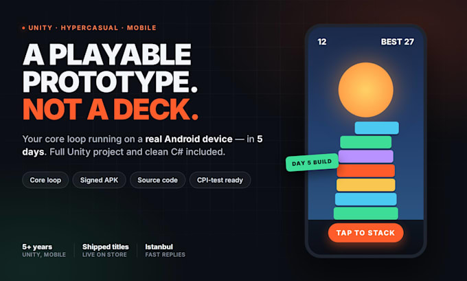 develop a unity 2d mobile game or hypercasual prototype for android
