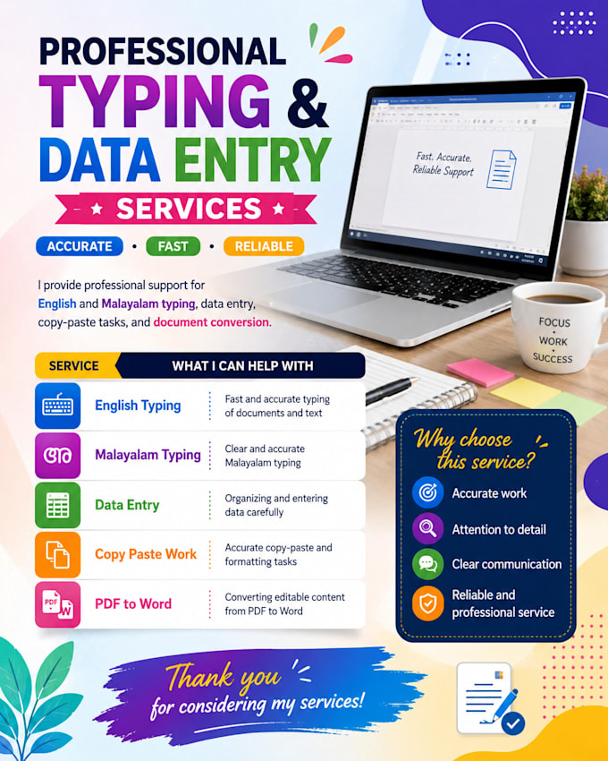 do accurate data entry and typing english and malayalam