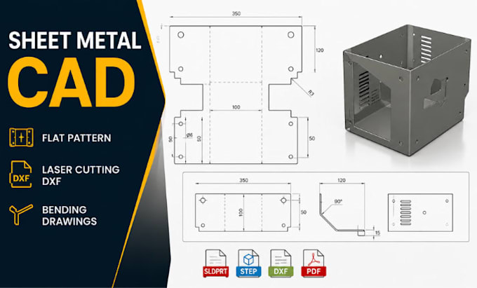 sheet metal cad, enclosure flat patterns, laser cutting dxf and bending drawings
