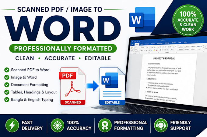 do professional pdf to word image to word conversion bengali typing