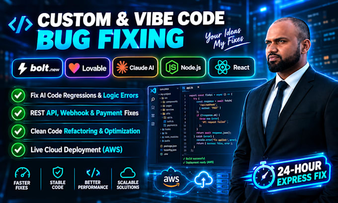 fix custom and ai vibe code bugs, apis, webhooks and deploy to AWS