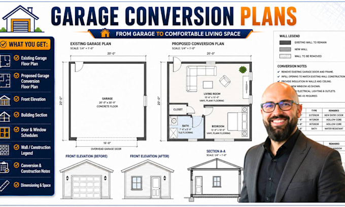 draw garage conversion plans adu architectural permit drawings
