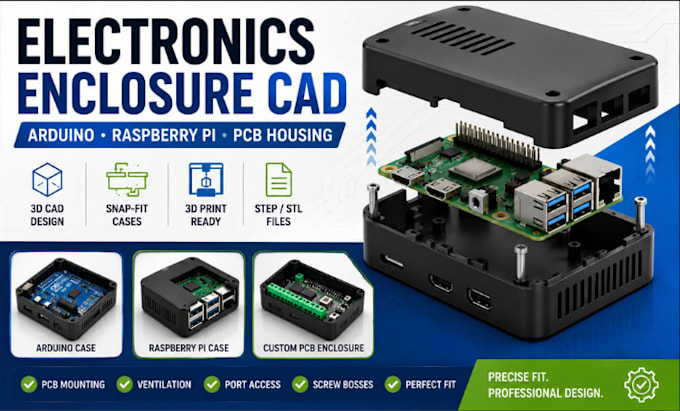 electronics enclosure cad, arduino snap fit case and raspberry pi 3d pcb housing
