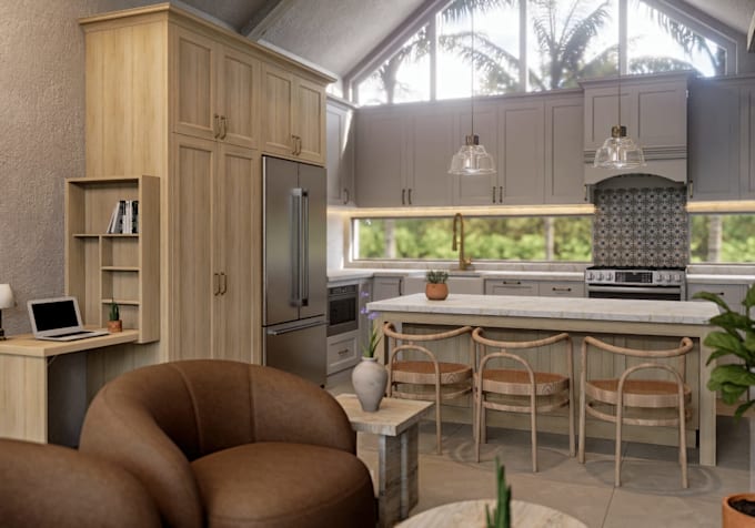 create a 3d kitchen design and realistic render