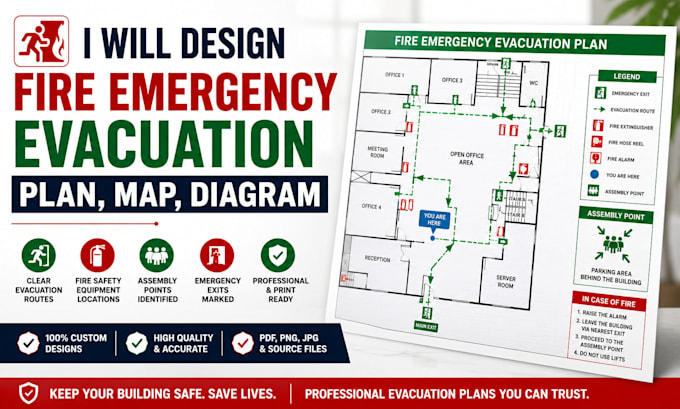 design fire emergency evacuation plan, map, diagram