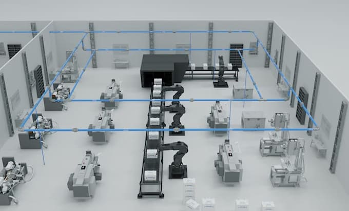 create 3d industrial animation 3d automated robotic line manufacturing animation
