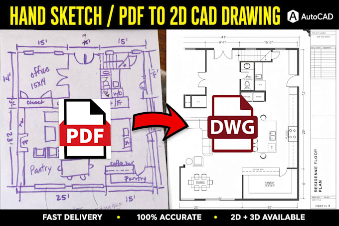 convert hand sketch PDF to 2d cad drawing