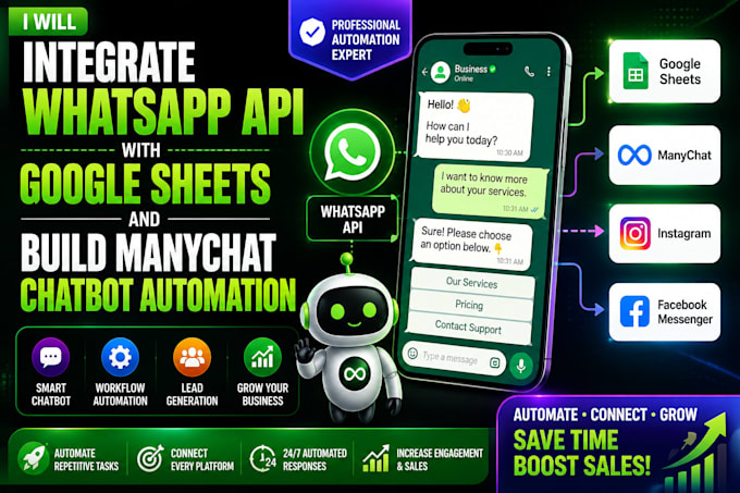 integrate whatsapp API with google sheets and build manychat chatbot automation