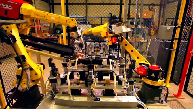 create 3d industrial automation, robotic arm and factory animation