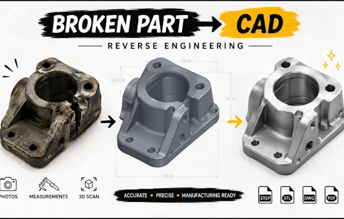 reverse engineer broken machine parts, replacement component cad and 3d drawings