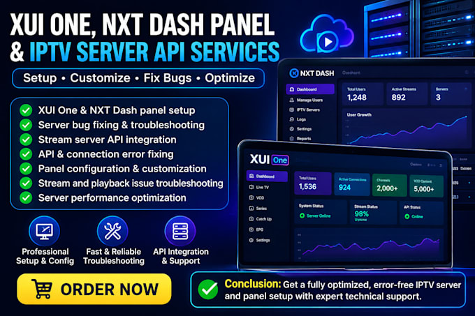 setup xtream ui, xui one, nxtdash panel, server bugs fixing, stream server api
