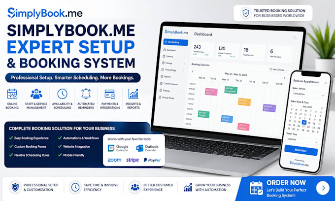 professionally set up simplybook me booking, scheduling and integrations