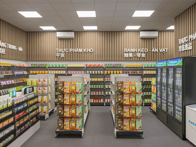 modernize 3d supermarket interior,retail store layout render, optimize 2d layout