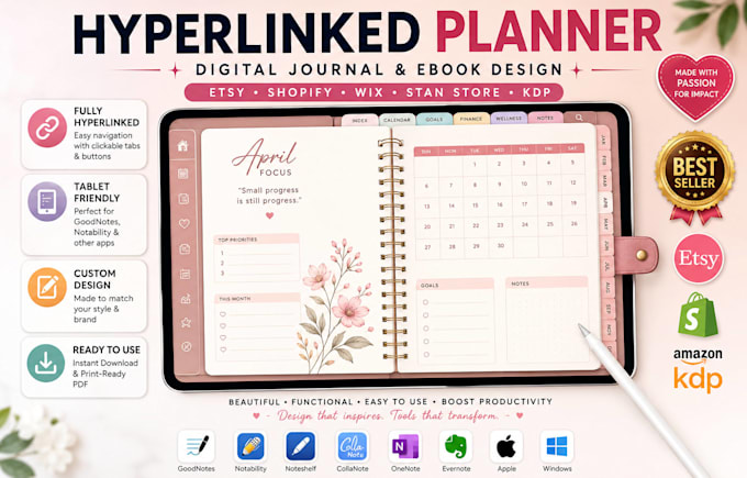 design hyperlinked planner, etsy digital planner, digital journal, KDP journal