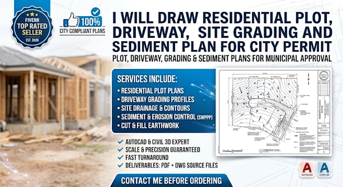 draw residential plot, driveway, site grading and sediment plan for city permit