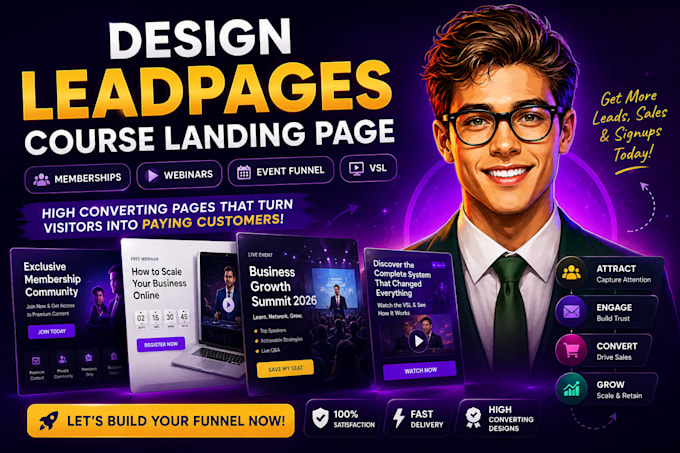 design leadpages course landing page, memberships, webinars, event funnel, vsl