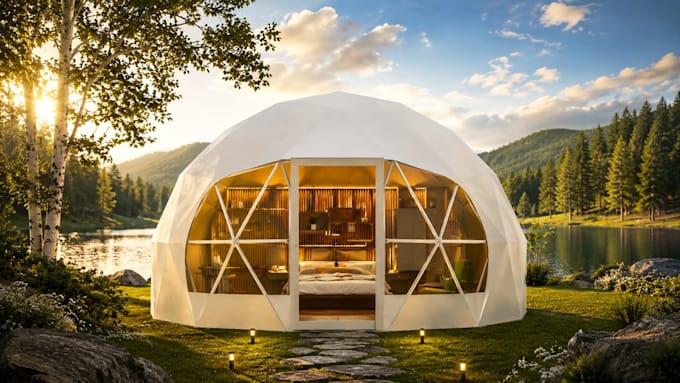 design 3d glamping dome, tiny house, cabin, cabana interiors