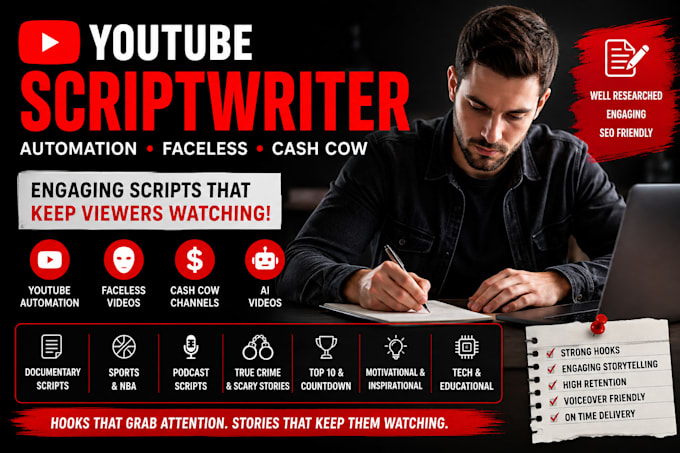write engaging youtube automation, faceless cash cow and video scripts