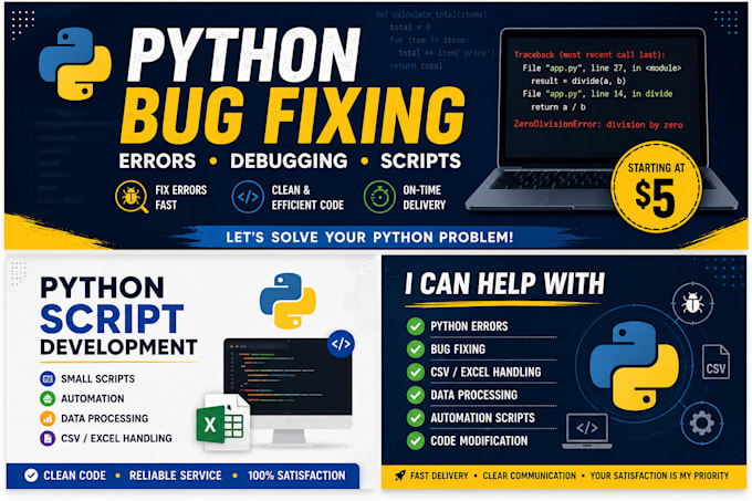 fix python bugs, errors and write small python scripts