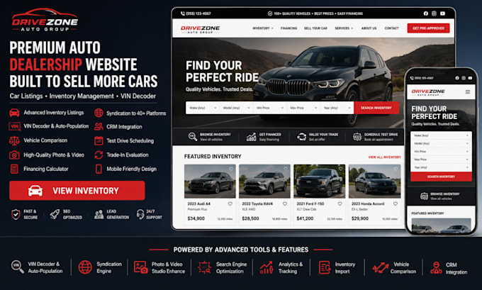 auto dealership website with car listings, vehicle inventory and vin decoder