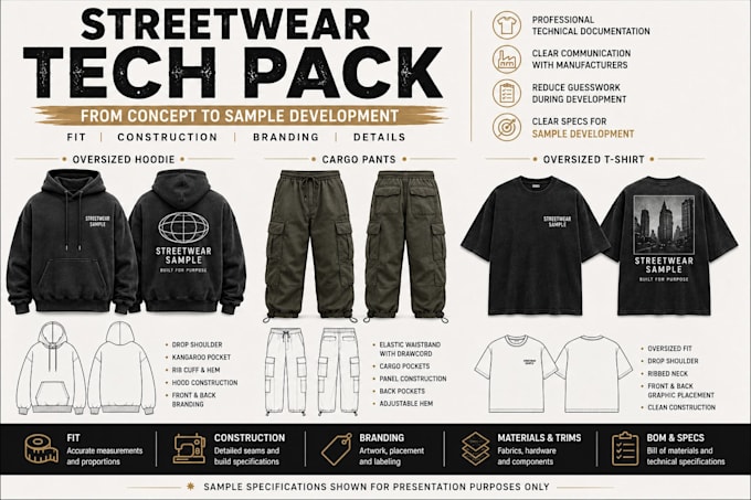 create a streetwear tech pack for sample development and production