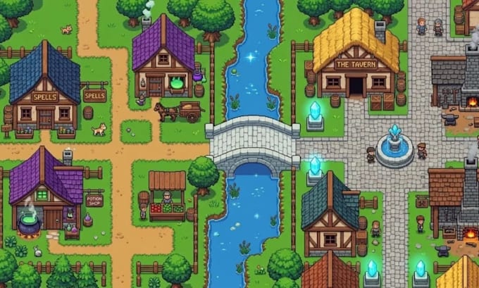 do 2d topdown pixel art tileset game art tile map  rpg maker maker sprite sheet