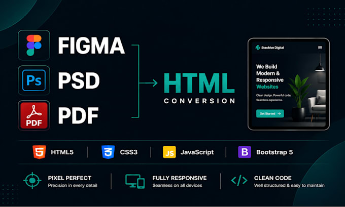 convert figma, psd , pdf into responsive HTML CSS , js, bootstrap5 , website