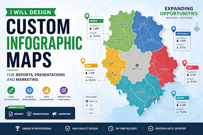 design a custom infographic map for reports, presentations and marketing