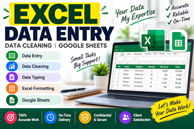 do excel data entry, data cleaning and google sheets
