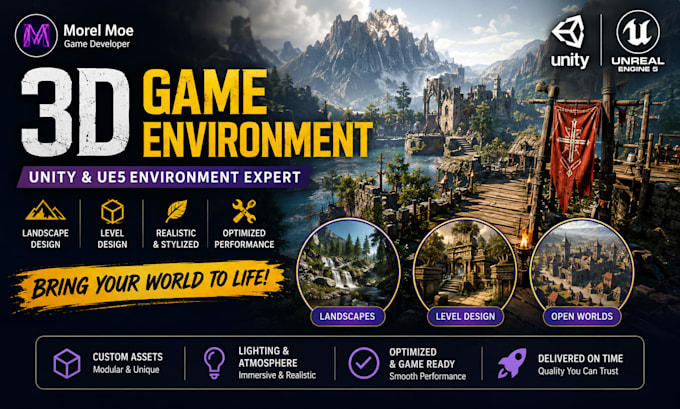 do 3d game environment, unity game environment, landscape design, level design