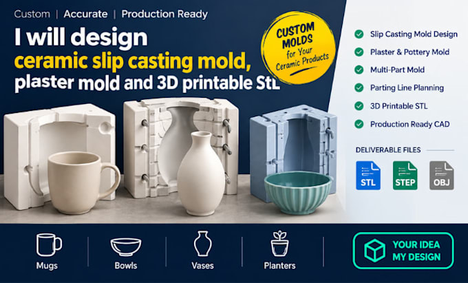 design ceramic slip casting mold, plaster mold and 3d printable stl