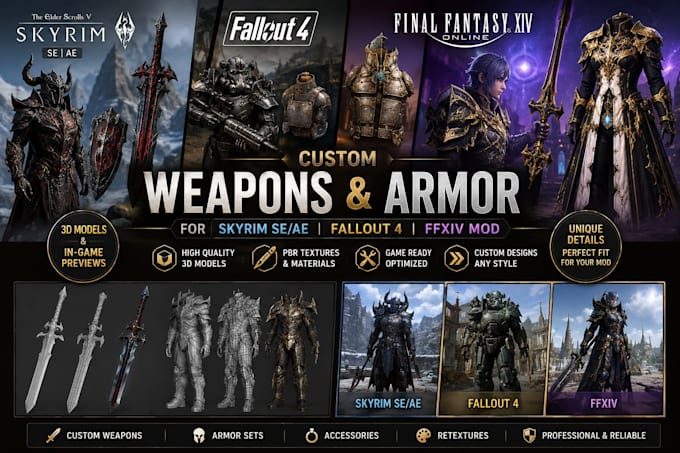 create weapons, armor for skyrim se ae mods or fallout 4, ffxiv mod